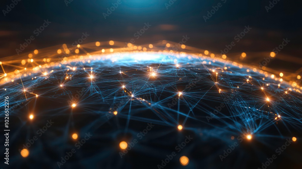 Poster abstract glowing network of connected dots and lines forming a sphere, representing global connectiv