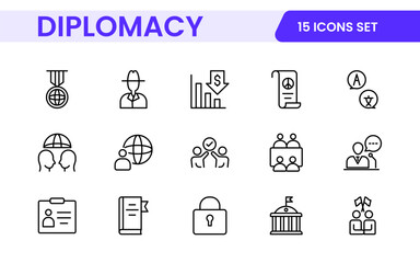 Diplomacy Line  Icons set. Vector illustration in modern thin line style of political dialogue related icons: summit, diplomatic, politics, debate, and more.