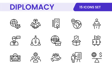 Diplomacy Line  Icons set. Vector illustration in modern thin line style of political dialogue related icons: summit, diplomatic, politics, debate, and more.