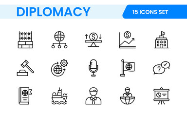 Diplomacy Line  Icons set. Vector illustration in modern thin line style of political dialogue related icons: summit, diplomatic, politics, debate, and more.