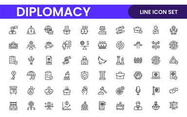 Diplomacy Line  Icons set. Vector illustration in modern thin line style of political dialogue related icons: summit, diplomatic, politics, debate, and more.