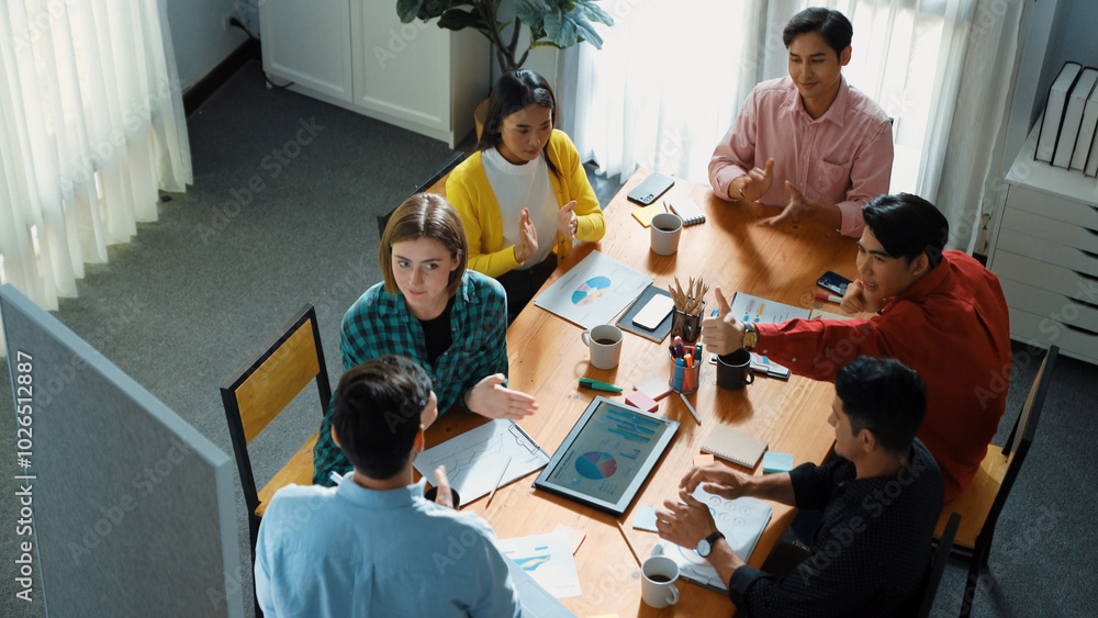 Poster top view of attractive diverse team clapping hands while project manager present creative idea at me