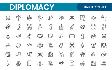 Diplomacy Line  Icons set. Vector illustration in modern thin line style of political dialogue related icons: summit, diplomatic, politics, debate, and more.