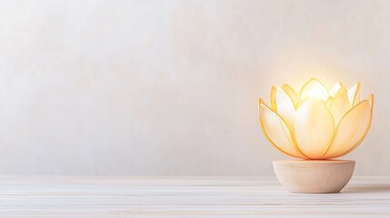 A glowing, delicate lotus flower sits on a light surface, radiating warmth and serenity in a peaceful ambiance.