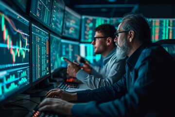 Traders analyzing market trends on multiple screens in a dark office during late-night trading hours