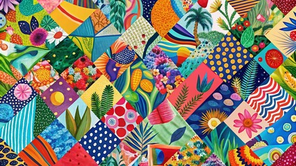 Naklejka premium Aerial View of Hand Drawn Abstract Shapes in a Bright Colorful Pattern for Fashionable Design Templates