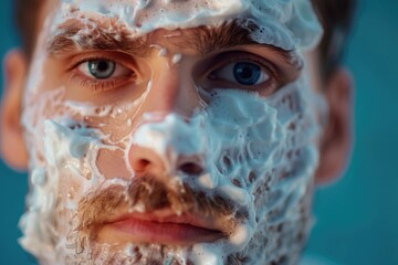 Fototapeta premium Close-up of a man shaving his face with foam, detail oriented