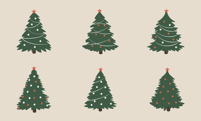 Set of Christmas trees with lush branches, decorated with balls