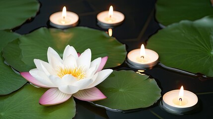 A serene composition of a blooming lotus flower surrounded by floating candles on a tranquil water surface.