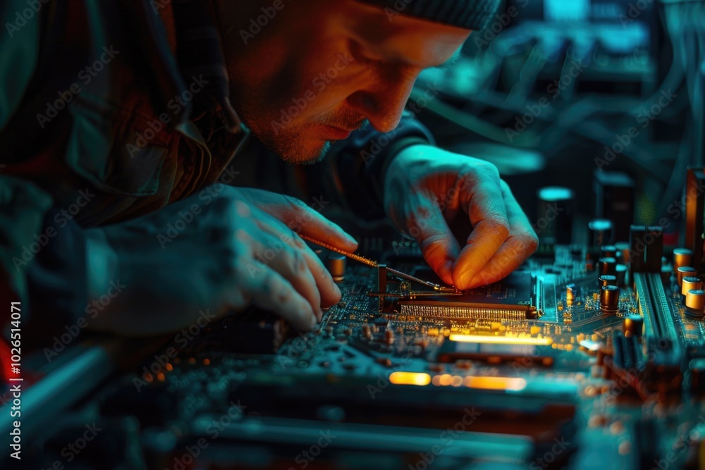 Poster a person working on a computer motherboard with various electronic components and tools