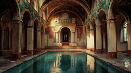 A modern indoor pool surrounded by columns and arches, perfect for commercial or residential use