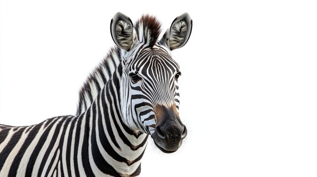 A single zebra standing against a clean and simple white background