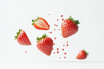 A group of strawberries suspended in mid-air, ready to fall