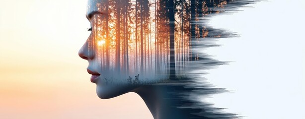 Conceptual blend of nature and human emotion, silhouette with forest backdrop