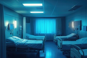 A hospital room with multiple beds and medical equipment
