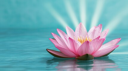 A serene pink lotus flower blooms in turquoise water, illuminated by soft rays of light, embodying tranquility and beauty.