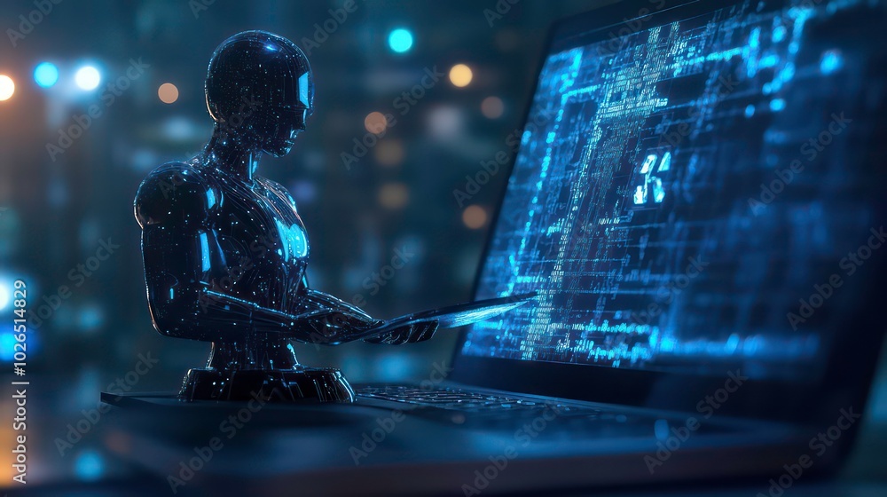 Aufkleber a futuristic robot with glowing blue circuits uses a tablet to analyze data on a laptop screen in a 