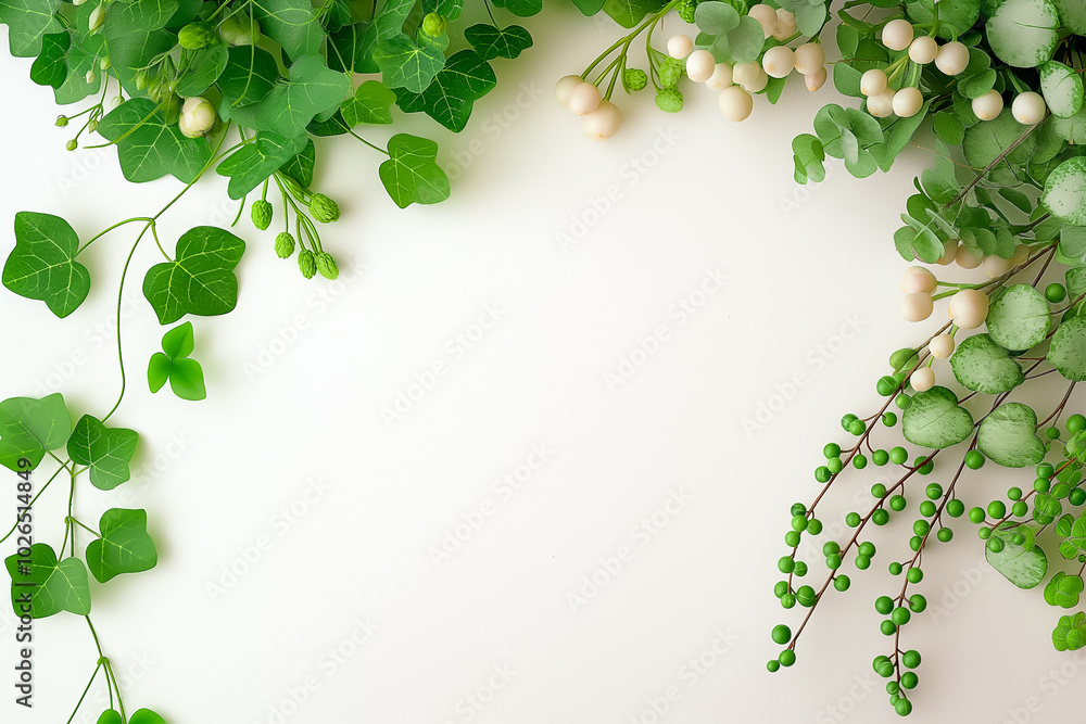 Poster lush greenery with varying leaves and subtle berries creates a refreshing border on an immaculate wh