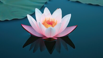 A serene pink lotus flower floats gracefully on calm water, surrounded by green leaves, reflecting its beauty in a peaceful setting.