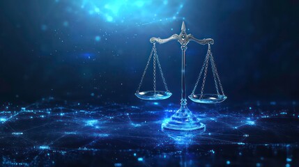 A silver scales of justice with glowing blue lines and dots in the background.