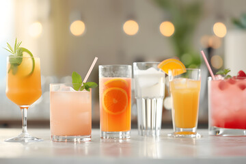 Stylish Home Bar Setting with a Variety of Colourful Drinks – Trendy Cocktails and Modern Decor