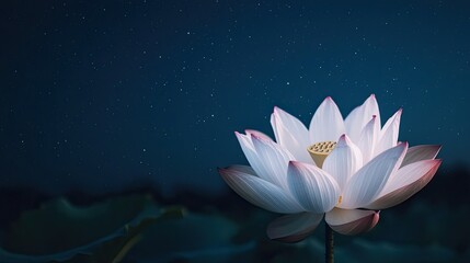 A serene white lotus flower blooms against a dark blue background, surrounded by gentle water droplets, creating a tranquil atmosphere.