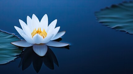 A serene white lotus flower floats on calm blue water, surrounded by lush green lily pads, creating a peaceful natural scene.