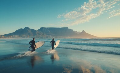 Surfers catching waves at sunset near Table Mountain in Cape Town