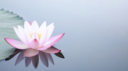 A serene pink lotus flower floats gracefully on calm, reflective water, surrounded by gentle green leaves, creating a peaceful atmosphere.