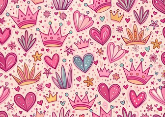 Aerial View of Seamless Pink Crown and Heart Pattern for Baby Girl Wallpaper Design