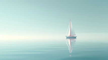 A serene sailboat gliding across calm waters under a pale sky.