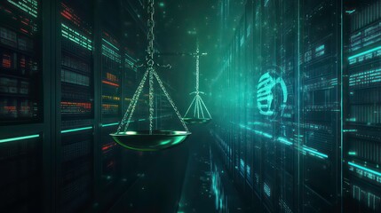 Scales of justice hanging in a futuristic server room, symbolizing digital law and cybersecurity.