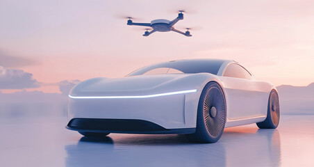 Futuristic electric car and drone in a scenic setting, illustrating the future of autonomous transport and mobility solutions