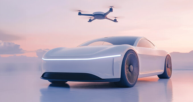 Futuristic electric car and drone in a scenic setting, illustrating the future of autonomous transport and mobility solutions