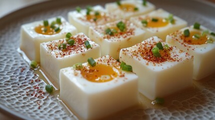 Creamy Tofu with Egg Yolk and Garnish Presentation