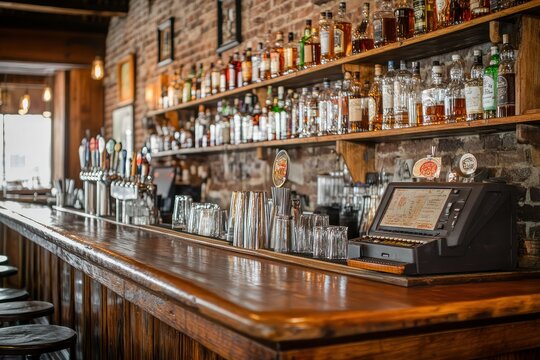 Classic wooden bar with shelves of liquor bottles and glasses