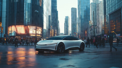 Futuristic electric car in a bustling city street, modern design against urban skyscrapers