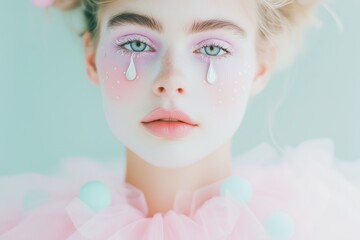 Naklejka premium oung woman with pastel clown makeup, featuring soft pink and lavender eye designs, glittery teardrops, and delicate white face paint, adorned with a whimsical tulle collar