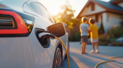 Electric vehicle charging at home with two kids playing, eco-friendly lifestyle concept