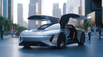 Silver electric car with gull-wing doors open in modern city plaza during the day