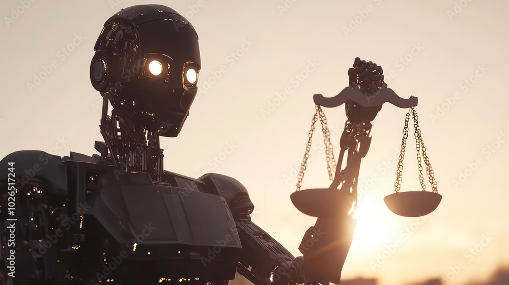 Poster a robotic figure holding a scale of justice in front of a setting sun.