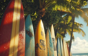 Colorful surfboards lined up against a tropical backdrop on a sunny afternoon by the beach