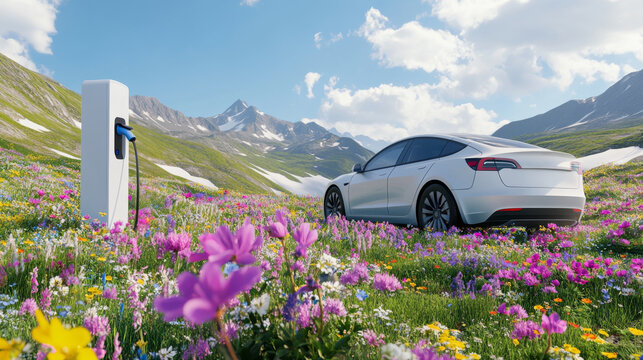 Electric car charging station in vibrant wildflower field for eco-friendly travel and sustainability campaigns