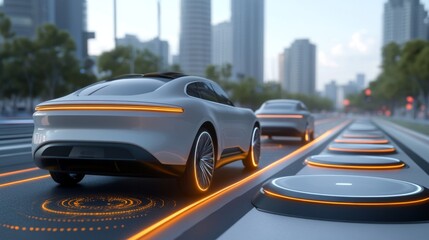 Obraz premium Autonomous electric cars on futuristic road with wireless charging for smart city and mobility solutions