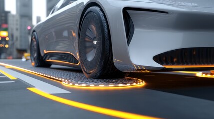 Close-up of electric vehicle on wireless charging pad promoting modern energy solutions for sustainable cities