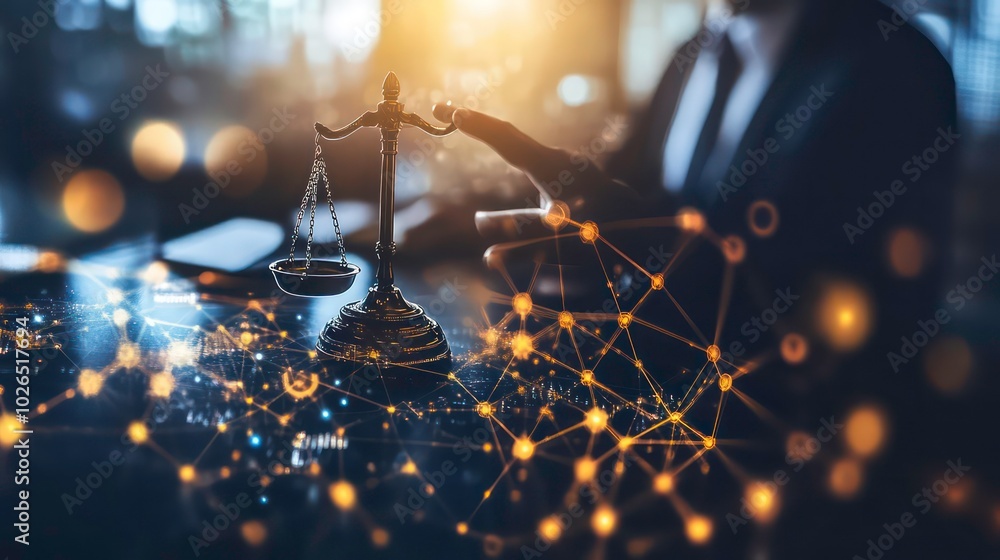 Aufkleber a lawyer's hand gestures toward a scale of justice on a desk with a network of connected data points