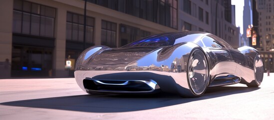 Streamlined metallic electric vehicle in a city - Car Design and Engineering