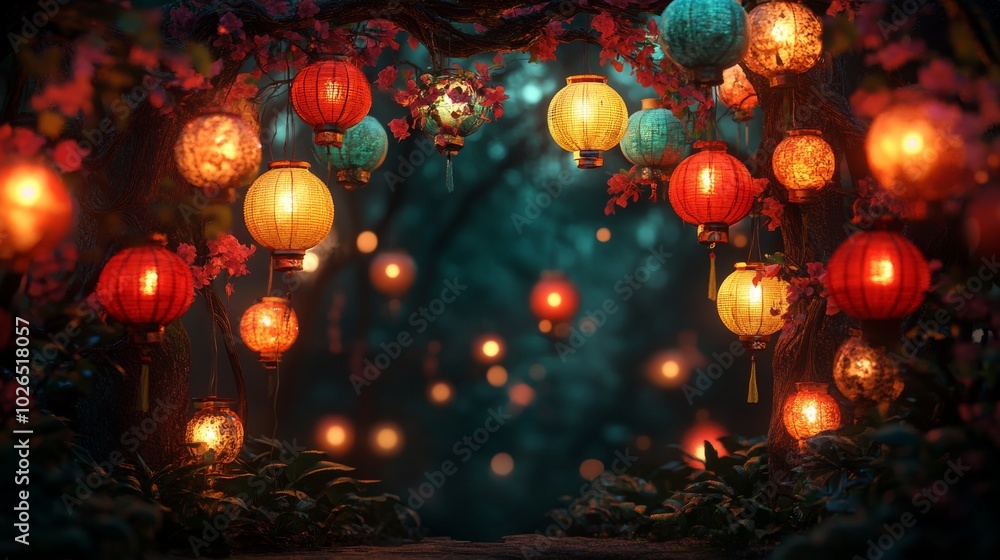 Poster illuminated lanterns hanging from a tree branch in a forest