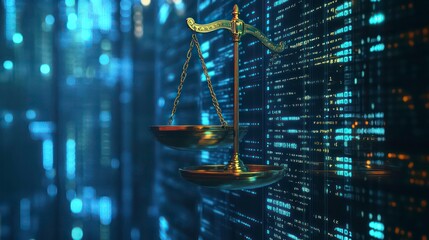 Scales of justice against a backdrop of binary code, symbolizing the intersection of law and technology.