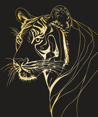 woodcut print, side-profile, Lion, photography, vivid, dark starry night, white and gold on blue, gold filigree line-art